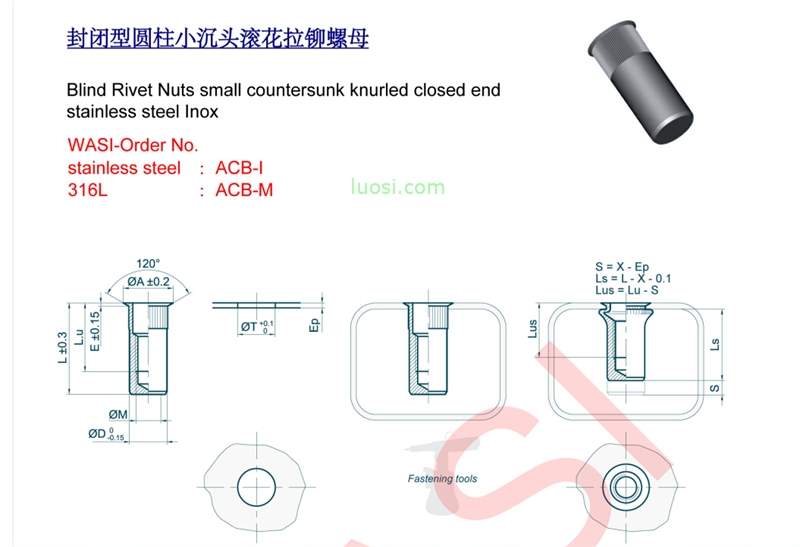 CLUFIX 封闭型圆柱小沉头滚花拉铆螺母 Blind Rivet Nuts small countersunk knurled closed